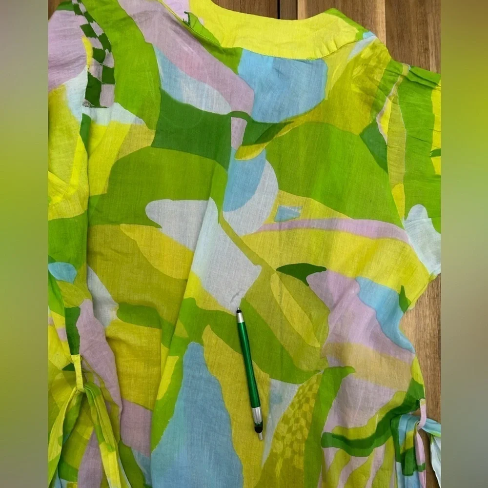 True Destinations 100% Cotton Bright Printed Tassel Trim Cover Up Robe Belt Sz L
